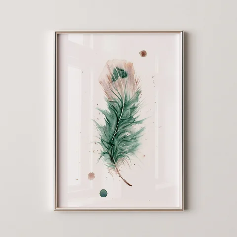 Image of a feather watercolor painting by Shayna Larsen, originals & prints available