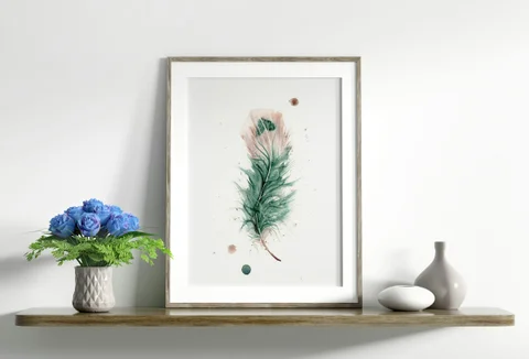 Image of a feather watercolor painting by Shayna Larsen, originals & prints available
