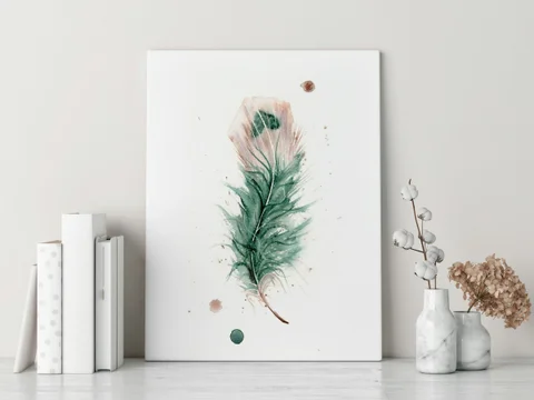 Image of a feather watercolor painting by Shayna Larsen, originals & prints available