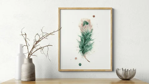 Image of a feather watercolor painting by Shayna Larsen, originals & prints available