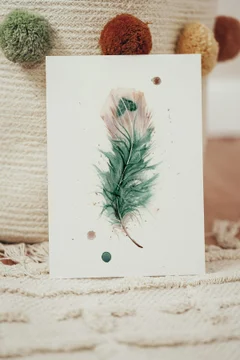 Image of a feather watercolor painting by Shayna Larsen, originals & prints available