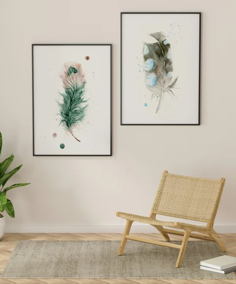 Image of a feather watercolor painting by Shayna Larsen, originals & prints available