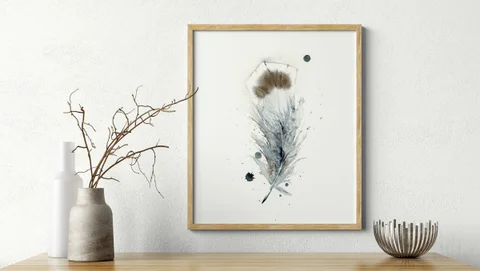 Image of a feather watercolor painting by Shayna Larsen, originals & prints available