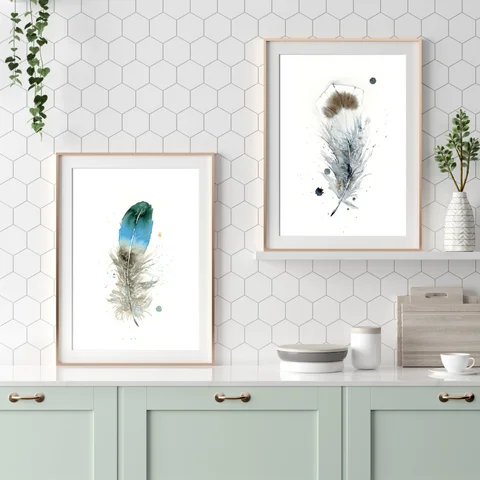 Image of a feather watercolor painting by Shayna Larsen, originals & prints available