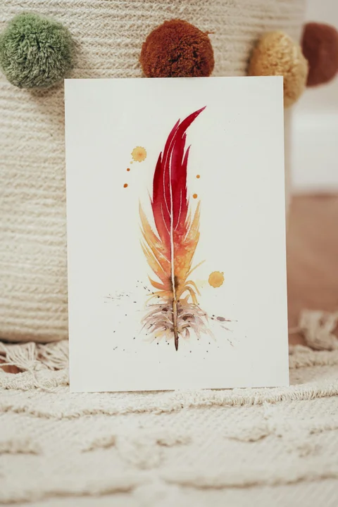 Image of a feather watercolor painting by Shayna Larsen, originals & prints available