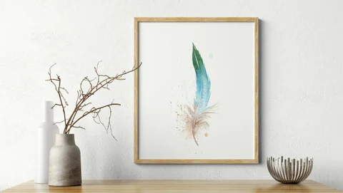 Image of a feather watercolor painting by Shayna Larsen, originals & prints available