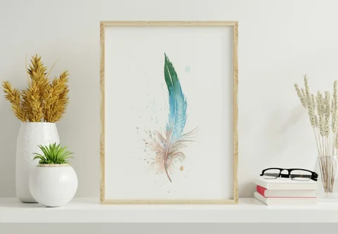 Image of a feather watercolor painting by Shayna Larsen, originals & prints available