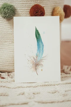 Image of a feather watercolor painting by Shayna Larsen, originals & prints available
