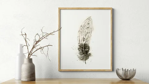 Image of a feather watercolor painting by Shayna Larsen, originals & prints available