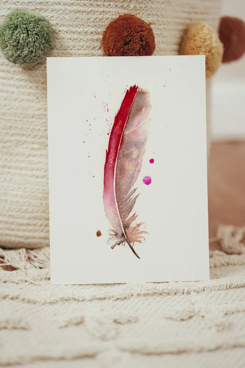 Image of a feather watercolor painting by Shayna Larsen, originals & prints available