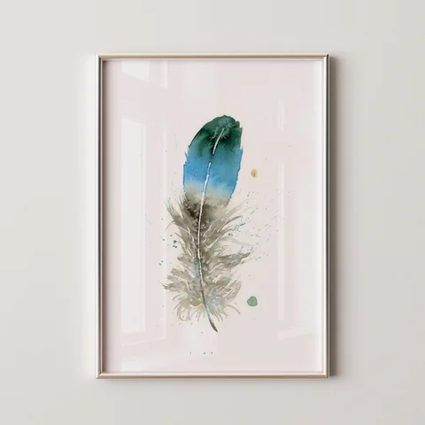 Image of a feather watercolor painting by Shayna Larsen, originals & prints available