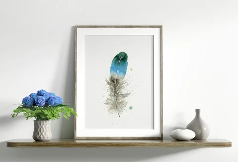 Image of a feather watercolor painting by Shayna Larsen, originals & prints available