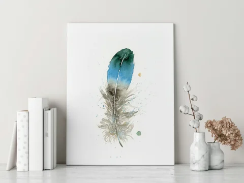 Image of a feather watercolor painting by Shayna Larsen, originals & prints available