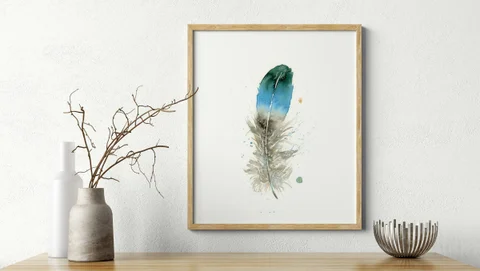 Image of a feather watercolor painting by Shayna Larsen, originals & prints available