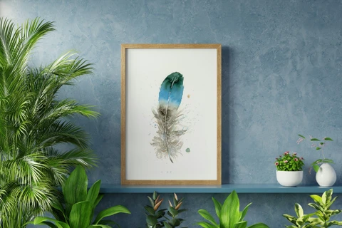 Image of a feather watercolor painting by Shayna Larsen, originals & prints available
