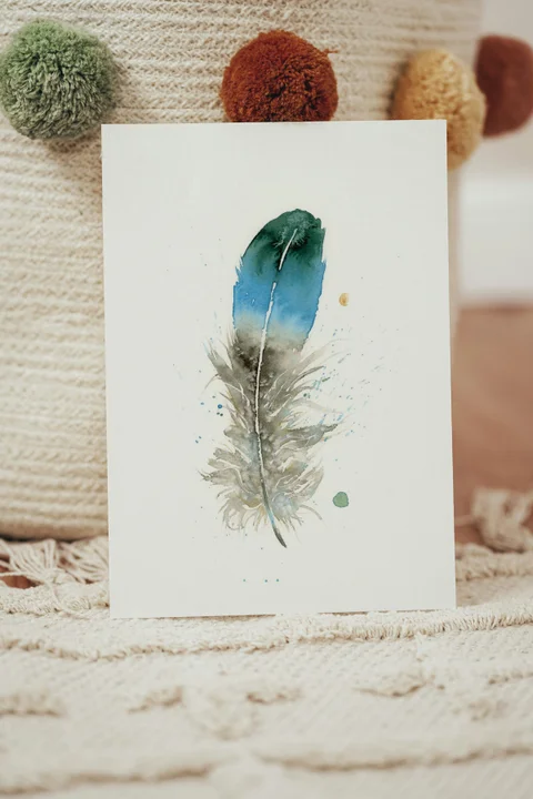 Image of a feather watercolor painting by Shayna Larsen, originals & prints available