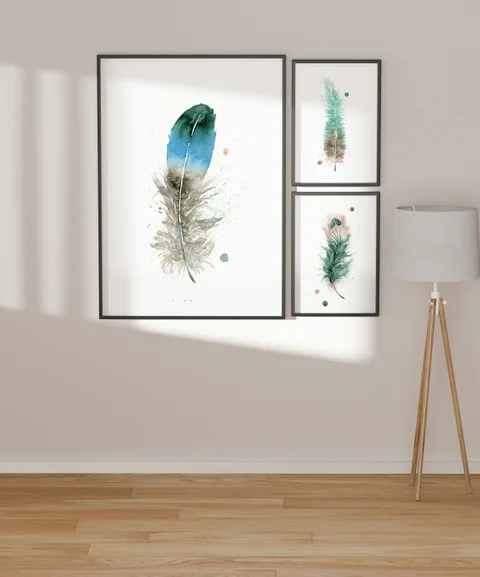 Image of a feather watercolor painting by Shayna Larsen, originals & prints available