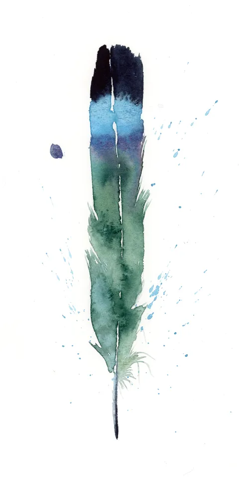 Image of a feather watercolor painting by Shayna Larsen, originals & prints available