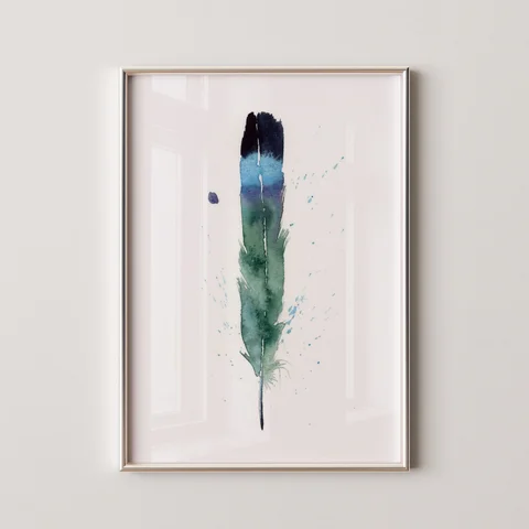 Image of a feather watercolor painting by Shayna Larsen, originals & prints available