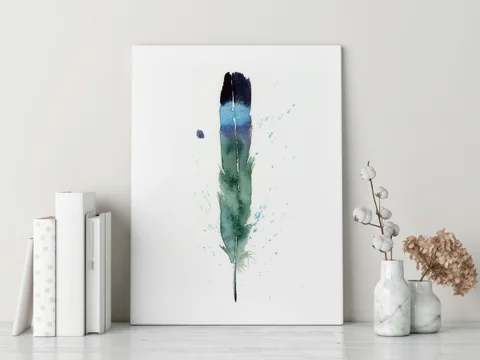 Image of a feather watercolor painting by Shayna Larsen, originals & prints available