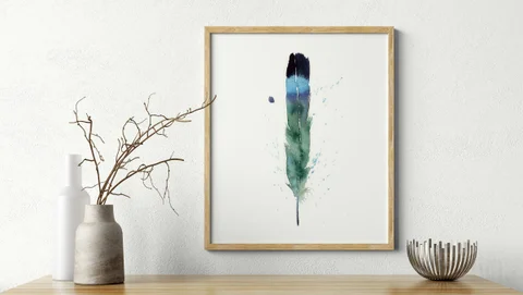 Image of a feather watercolor painting by Shayna Larsen, originals & prints available