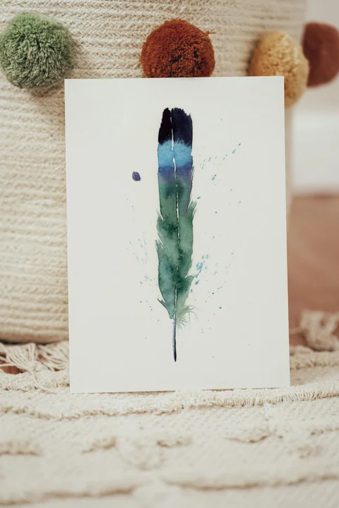Image of a feather watercolor painting by Shayna Larsen, originals & prints available