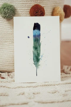 Image of a feather watercolor painting by Shayna Larsen, originals & prints available