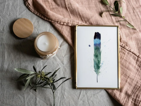 Image of a feather watercolor painting by Shayna Larsen, originals & prints available