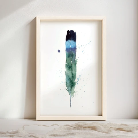 Image of a feather watercolor painting by Shayna Larsen, originals & prints available