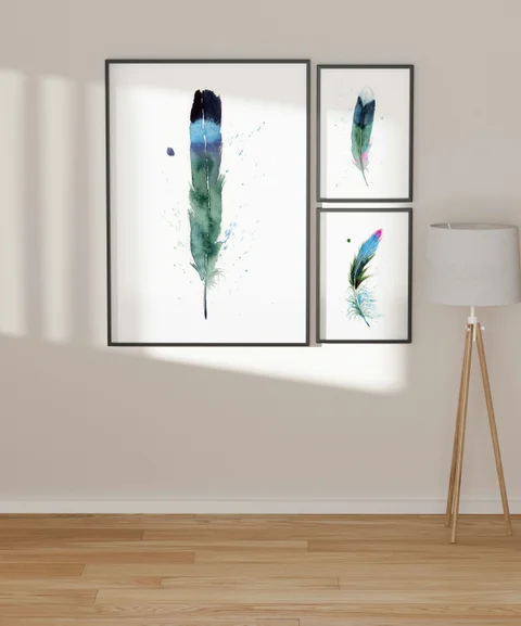 Image of a feather watercolor painting by Shayna Larsen, originals & prints available