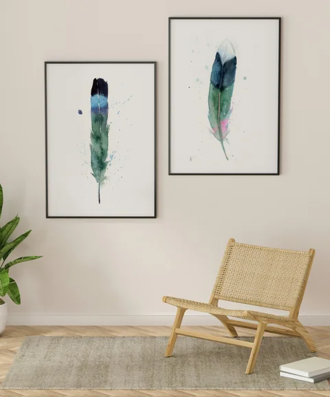 Image of a feather watercolor painting by Shayna Larsen, originals & prints available