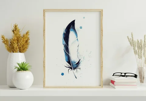 Image of a feather watercolor painting by Shayna Larsen, originals & prints available