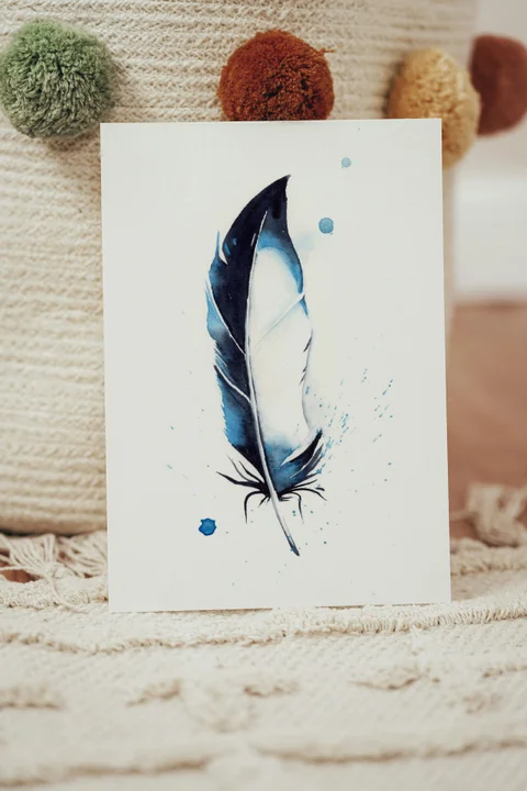 Image of a feather watercolor painting by Shayna Larsen, originals & prints available
