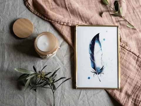 Image of a feather watercolor painting by Shayna Larsen, originals & prints available