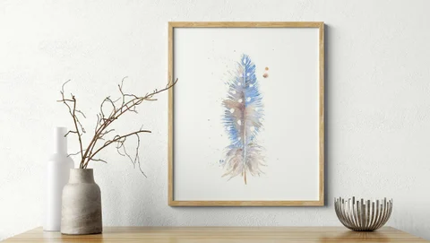 Image of a feather watercolor painting by Shayna Larsen, originals & prints available