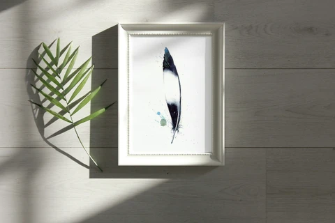 Image of a feather watercolor painting by Shayna Larsen, originals & prints available