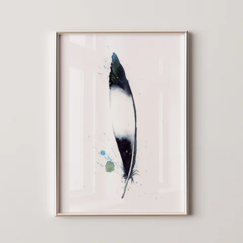 Image of a feather watercolor painting by Shayna Larsen, originals & prints available