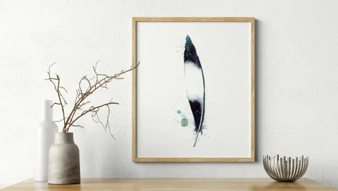 Image of a feather watercolor painting by Shayna Larsen, originals & prints available