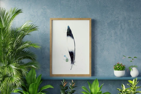 Image of a feather watercolor painting by Shayna Larsen, originals & prints available