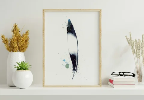 Image of a feather watercolor painting by Shayna Larsen, originals & prints available
