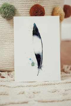 Image of a feather watercolor painting by Shayna Larsen, originals & prints available