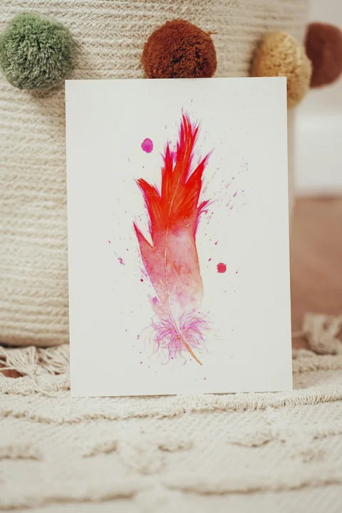 Image of a feather watercolor painting by Shayna Larsen, originals & prints available