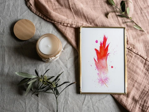 Image of a feather watercolor painting by Shayna Larsen, originals & prints available