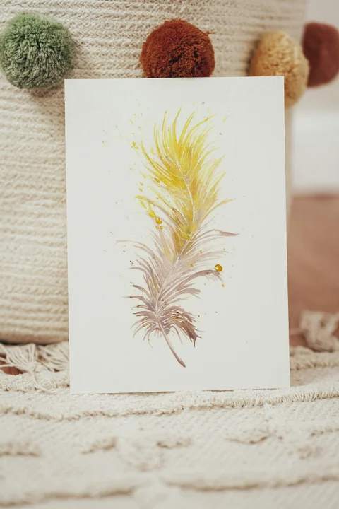 Image of a feather watercolor painting by Shayna Larsen, originals & prints available