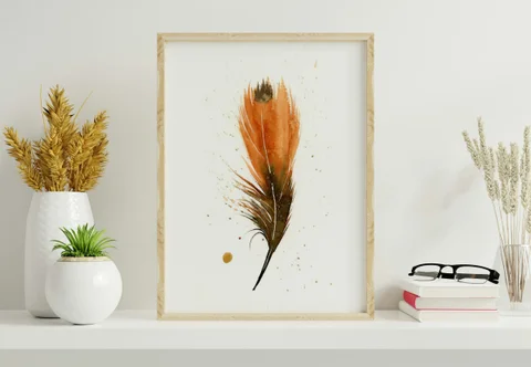 Image of a feather watercolor painting by Shayna Larsen, originals & prints available
