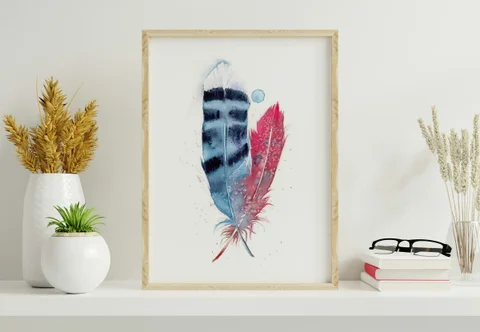 Image of a feather watercolor painting by Shayna Larsen, originals & prints available