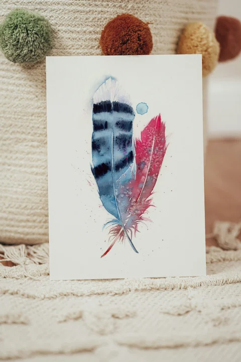 Image of a feather watercolor painting by Shayna Larsen, originals & prints available