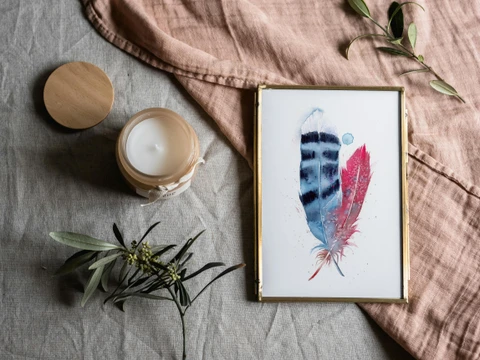 Image of a feather watercolor painting by Shayna Larsen, originals & prints available