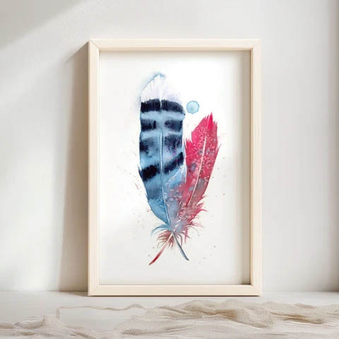 Image of a feather watercolor painting by Shayna Larsen, originals & prints available