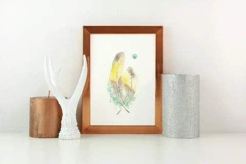 Image of a feather watercolor painting by Shayna Larsen, originals & prints available